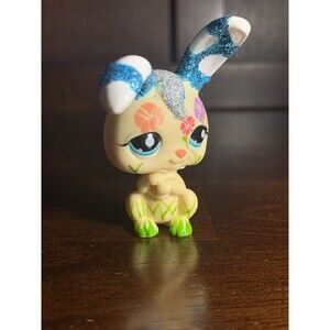 Littlest Pet Shop Animals Figure #2156 Bunny Rabbit_Blue Sparkle_Flowers_Hasbro